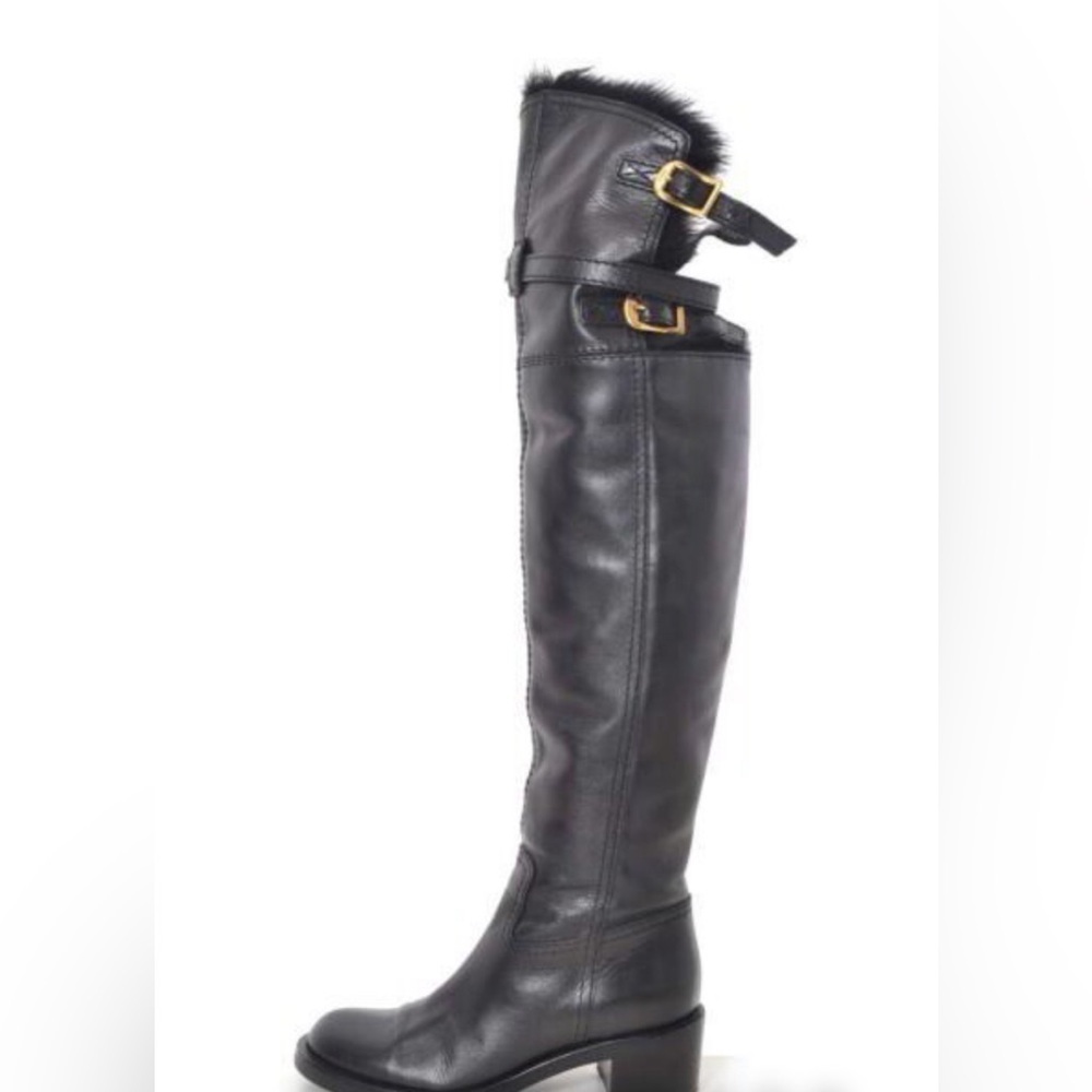 Gucci Vintage Fur Lined Leather Tall Black Gold Heeled Boots Size 4.5